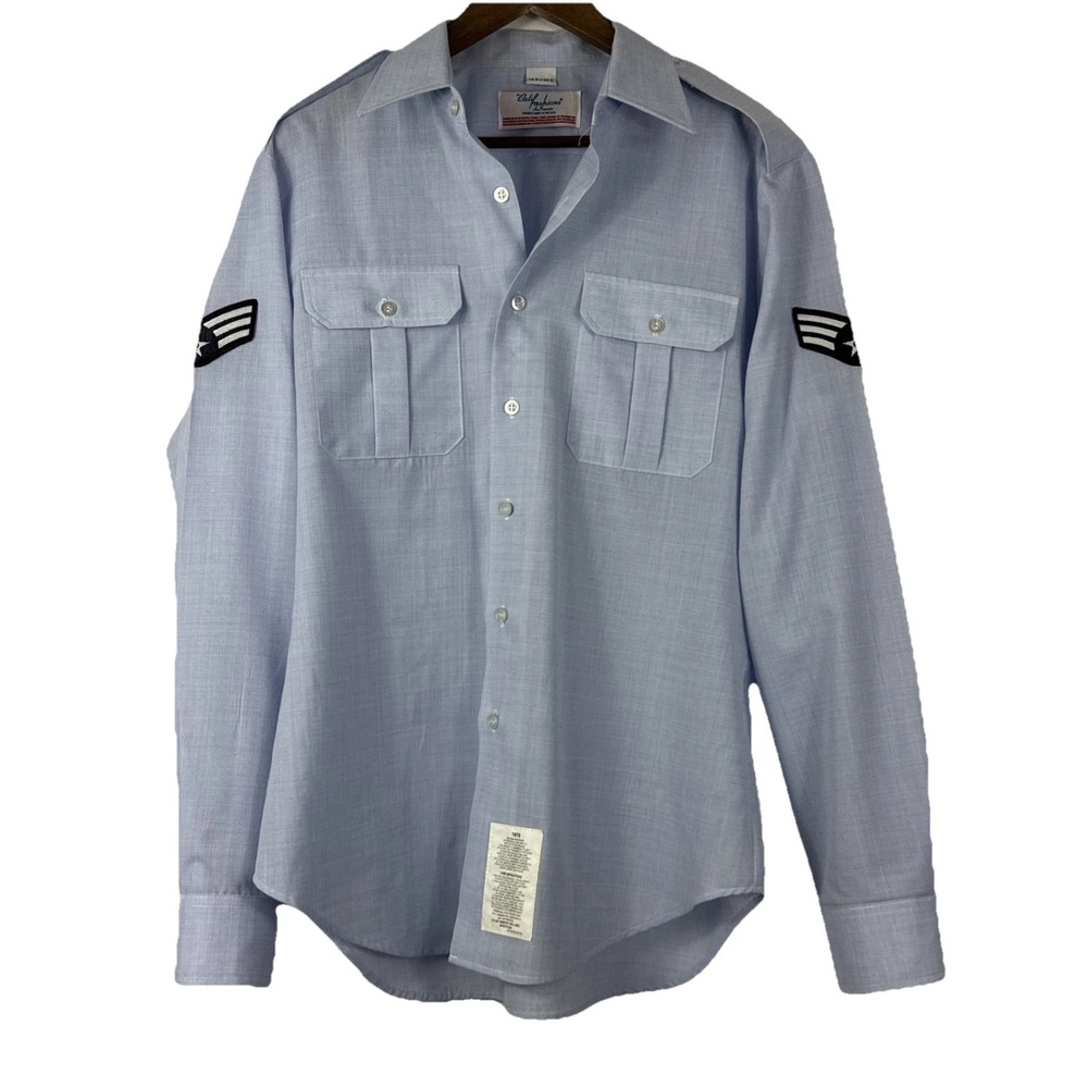 US Air Force Dress Shirt Mens 16.5 x 36C Blue Long Sleeve Wings E-3 Rank Patches